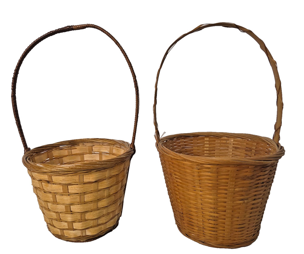 Pair of Vintage Mixed Weave Wicker Baskets High Fixed Handles Western Decor